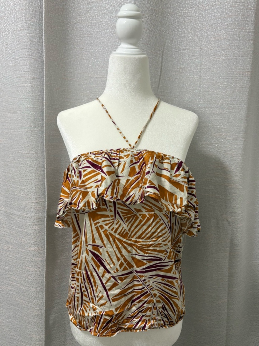 Mango Women’s Tropical Leaf Print Ruffle Off Shoulder Halter Top Small